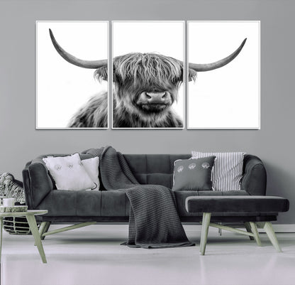 10123-MGV-FC-60X30-3P_White-Black and White Highland Cow Wall Art – Modern Farmhouse Animal Print, Rustic Scottish Bull Canvas Decor for Living Room, Bedroom,