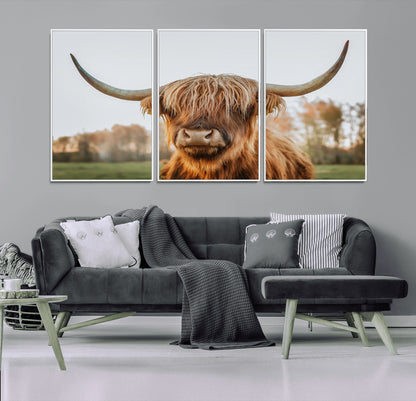 64824-MGV-FC-60X30-3P_White-Highland Cow Wall Art – Rustic Scottish Bull Canvas Print, Farmhouse Animal Decor for Living Room, Bedroom, Office or Cabin