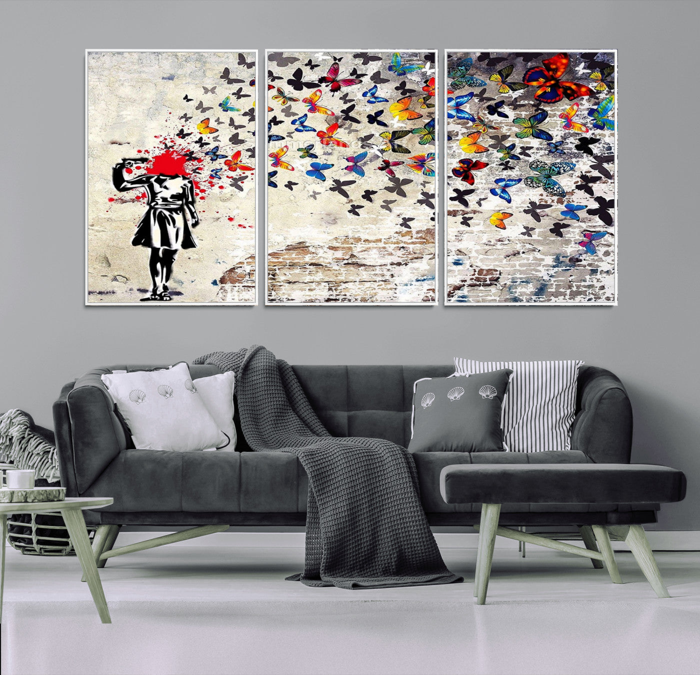 88654-MGV-FC-60X30-3P_White-Butterfly Explosion Graffiti Wall Art – Street Art Canvas Print, Colorful Butterfly Spray Mural, Modern Abstract Urban Wall Decor