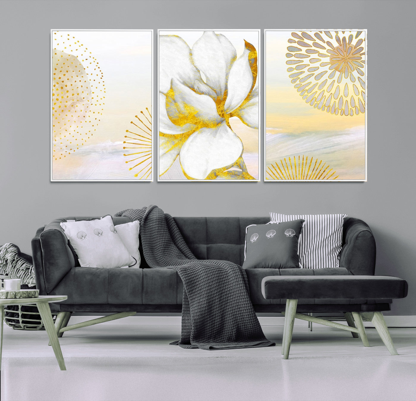 82301-MGV-FC-60X30-3P_White-Modern Floral Wall Art – White Flower with Gold Detailing Canvas Print, Elegant Abstract Artwork for Living Room, Bedroom, or