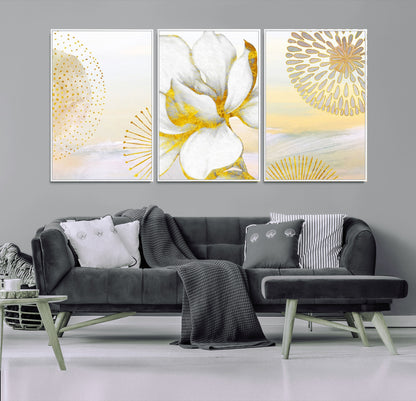 82301-MGV-FC-60X30-3P_White-Modern Floral Wall Art – White Flower with Gold Detailing Canvas Print, Elegant Abstract Artwork for Living Room, Bedroom, or