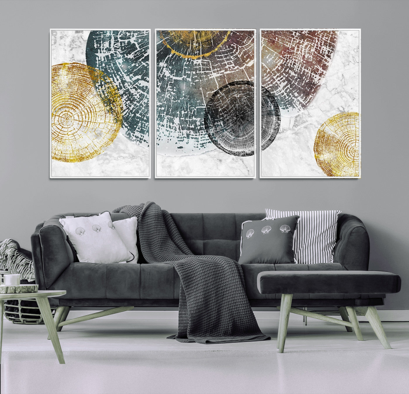 70653-MGV-FC-60X30-3P_White-Abstract Tree Ring Wall Art – Modern Rustic Wood Slice Canvas Print with Gold Accents, Contemporary Nature Decor for Living Room,