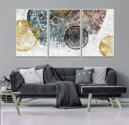 70653-MGV-FC-60X30-3P_White-Abstract Tree Ring Wall Art – Modern Rustic Wood Slice Canvas Print with Gold Accents, Contemporary Nature Decor for Living Room,