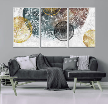 70653-MGV-FC-60X30-3P_White-Abstract Tree Ring Wall Art – Modern Rustic Wood Slice Canvas Print with Gold Accents, Contemporary Nature Decor for Living Room,