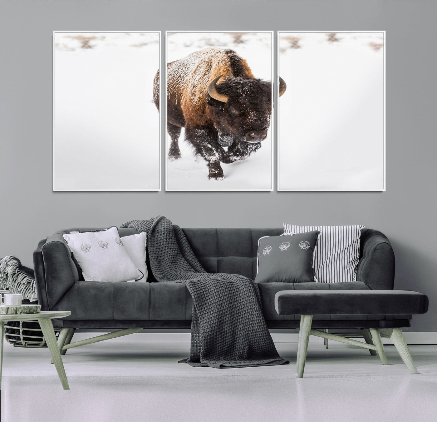 19889-MGV-FC-60X30-3P_White-Snow Bison Wall Art – Majestic Buffalo Winter Landscape Canvas Print, Rustic Wildlife Photography Decor for Cabin, Lodge, Living