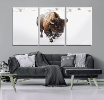 19889-MGV-FC-60X30-3P_White-Snow Bison Wall Art – Majestic Buffalo Winter Landscape Canvas Print, Rustic Wildlife Photography Decor for Cabin, Lodge, Living