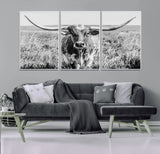 77320-MGV-FC-60X30-3P_White-Texas Longhorn Wall Art – Black and White Western Cattle Canvas Print, Rustic Farmhouse Animal Photography Decor for Living Room,