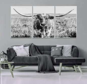 77320-MGV-FC-60X30-3P_White-Texas Longhorn Wall Art – Black and White Western Cattle Canvas Print, Rustic Farmhouse Animal Photography Decor for Living Room,
