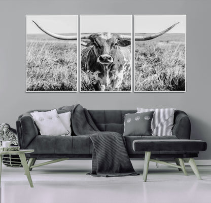 77320-MGV-FC-60X30-3P_White-Texas Longhorn Wall Art – Black and White Western Cattle Canvas Print, Rustic Farmhouse Animal Photography Decor for Living Room,