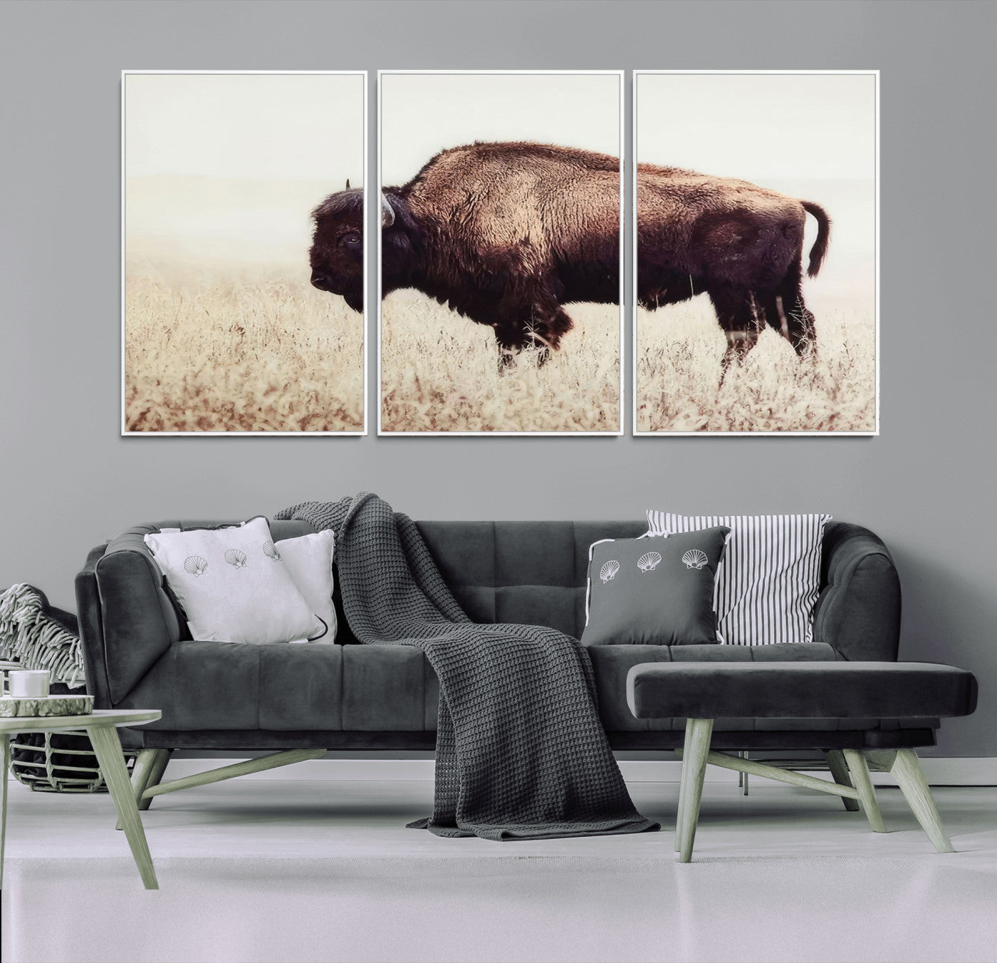 48406-MGV-FC-60X30-3P_White-American Bison Wall Art – Rustic Buffalo Canvas Print in Prairie Field, Western Wildlife Photography Decor for Cabin, Lodge,