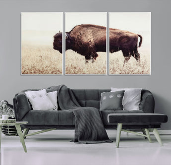 48406-MGV-FC-60X30-3P_White-American Bison Wall Art – Rustic Buffalo Canvas Print in Prairie Field, Western Wildlife Photography Decor for Cabin, Lodge,