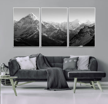 10775-MGV-FC-60X30-3P_White-Snow Capped Mountain Wall Art – Black and White Canvas Print of Majestic Peaks, Nature Landscape Photography for Office, Bedroom,