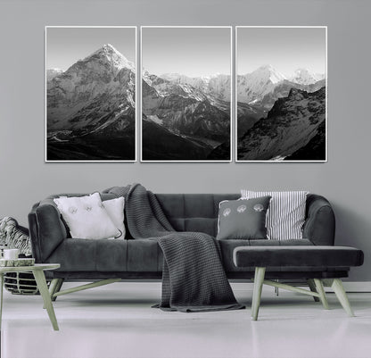 10775-MGV-FC-60X30-3P_White-Snow Capped Mountain Wall Art – Black and White Canvas Print of Majestic Peaks, Nature Landscape Photography for Office, Bedroom,