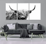 51957-MGV-FC-60X30-3P_White-Highland Cow Wall Art – Black and White Scottish Highland Bull Canvas Print, Rustic Farmhouse Animal Decor for Living Room,