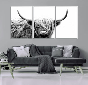 51957-MGV-FC-60X30-3P_White-Highland Cow Wall Art – Black and White Scottish Highland Bull Canvas Print, Rustic Farmhouse Animal Decor for Living Room,