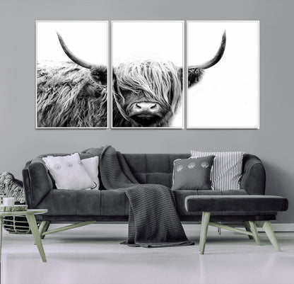 51957-MGV-FC-60X30-3P_White-Highland Cow Wall Art – Black and White Scottish Highland Bull Canvas Print, Rustic Farmhouse Animal Decor for Living Room,