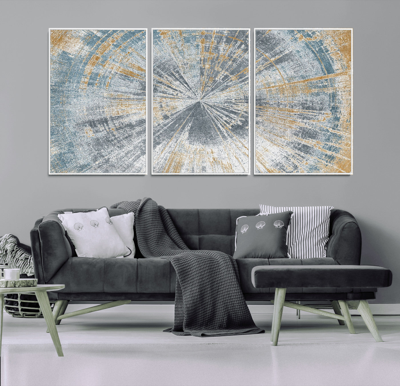 17631-MGV-FC-60X30-3P_White-Radiant Burst Wall Art – Abstract Sunburst Canvas Print in Blue and Gold, Modern Geometric Painting for Living Room, Office or