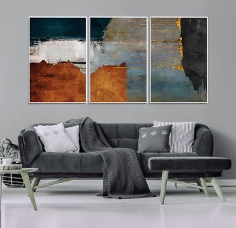 35026-MGV-FC-60X30-3P_White-Abstract Canvas Wall Art – Modern Teal, Rust, Black and Gold Textured Painting, Contemporary Decor for Living Room, Bedroom