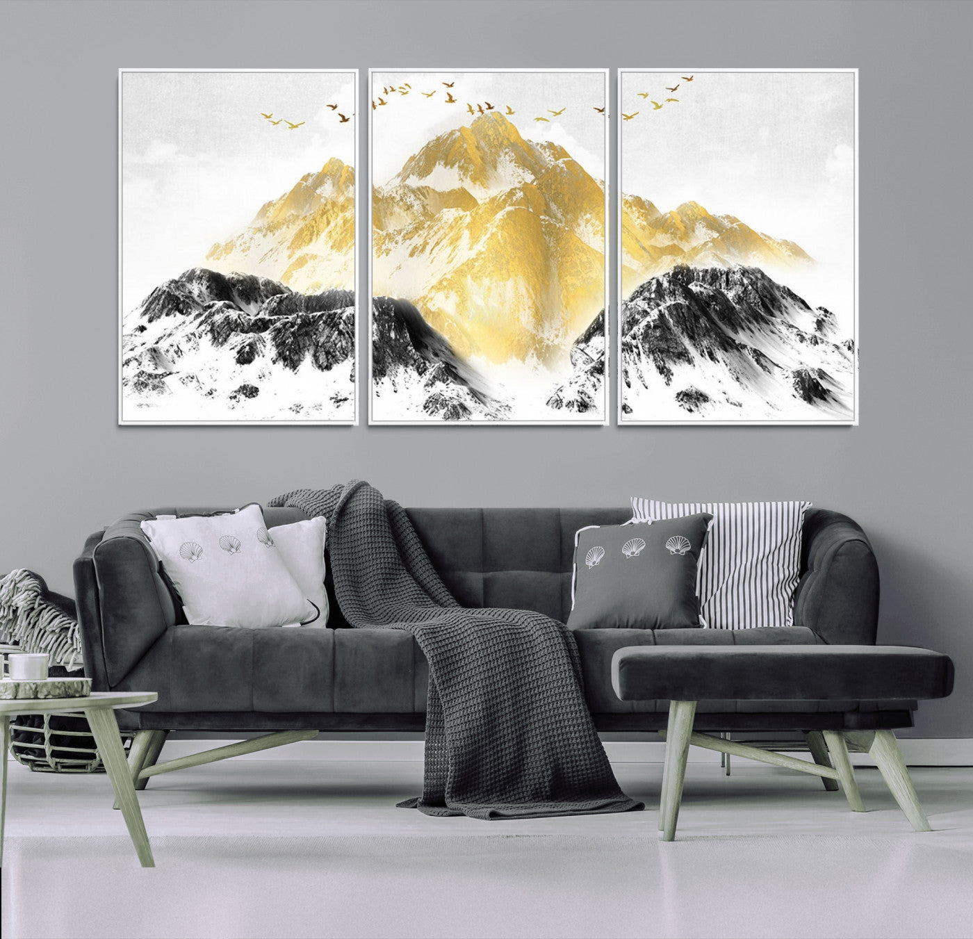 37733-MGV-FC-60X30-3P_White-Golden Mountain Wall Art – Modern Abstract Landscape Canvas Print with Birds, Luxury Nature Decor for Living Room, Bedroom, or