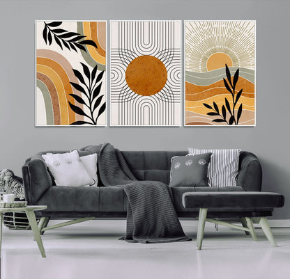 44668-MGV-CV-60X30-3P-Mid Century Modern Wall Art – Abstract Sun and Rainbow Canvas Print, Minimalist Geometric Boho Decor for Living Room, Bedroom or