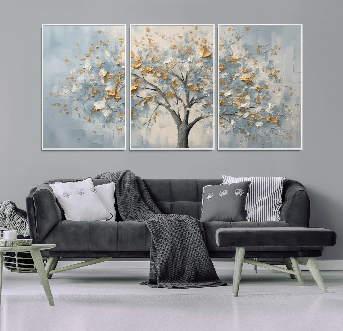 65811-MGV-FC-60X30-3P_White-Abstract Tree Wall Art – Textured Canvas Painting with Gold and White Leaves, Modern Nature Inspired Decor for Living Room or