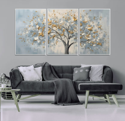 65811-MGV-FC-60X30-3P_White-Abstract Tree Wall Art – Textured Canvas Painting with Gold and White Leaves, Modern Nature Inspired Decor for Living Room or