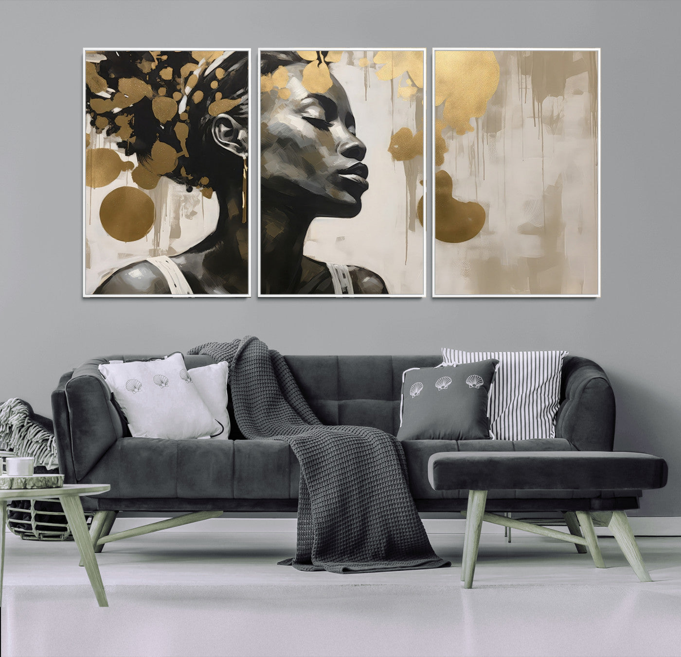65669-MGV-CV-36X24-Elegant Black Woman Wall Art – Modern Abstract Portrait Canvas with Gold Accents, Contemporary Afrocentric Decor for Living Room