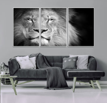 94453-MGV-FC-60X30-3P_White-Lion Portrait Wall Art – Black and White King of the Jungle Canvas Print, Safari Wildlife Decor for Office, Bedroom, or Living