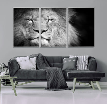 94453-MGV-FC-60X30-3P_White-Lion Portrait Wall Art – Black and White King of the Jungle Canvas Print, Safari Wildlife Decor for Office, Bedroom, or Living
