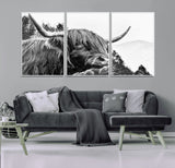 61570-MGV-CV-36X24-Highland Cow Wall Art – Black and White Scottish Bull Canvas Print, Rustic Farmhouse Animal Decor for Living Room, Bedroom, or