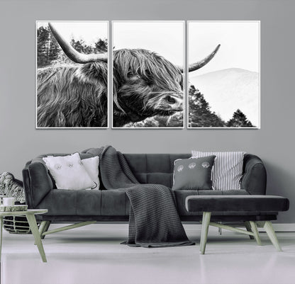 61570-MGV-CV-36X24-Highland Cow Wall Art – Black and White Scottish Bull Canvas Print, Rustic Farmhouse Animal Decor for Living Room, Bedroom, or