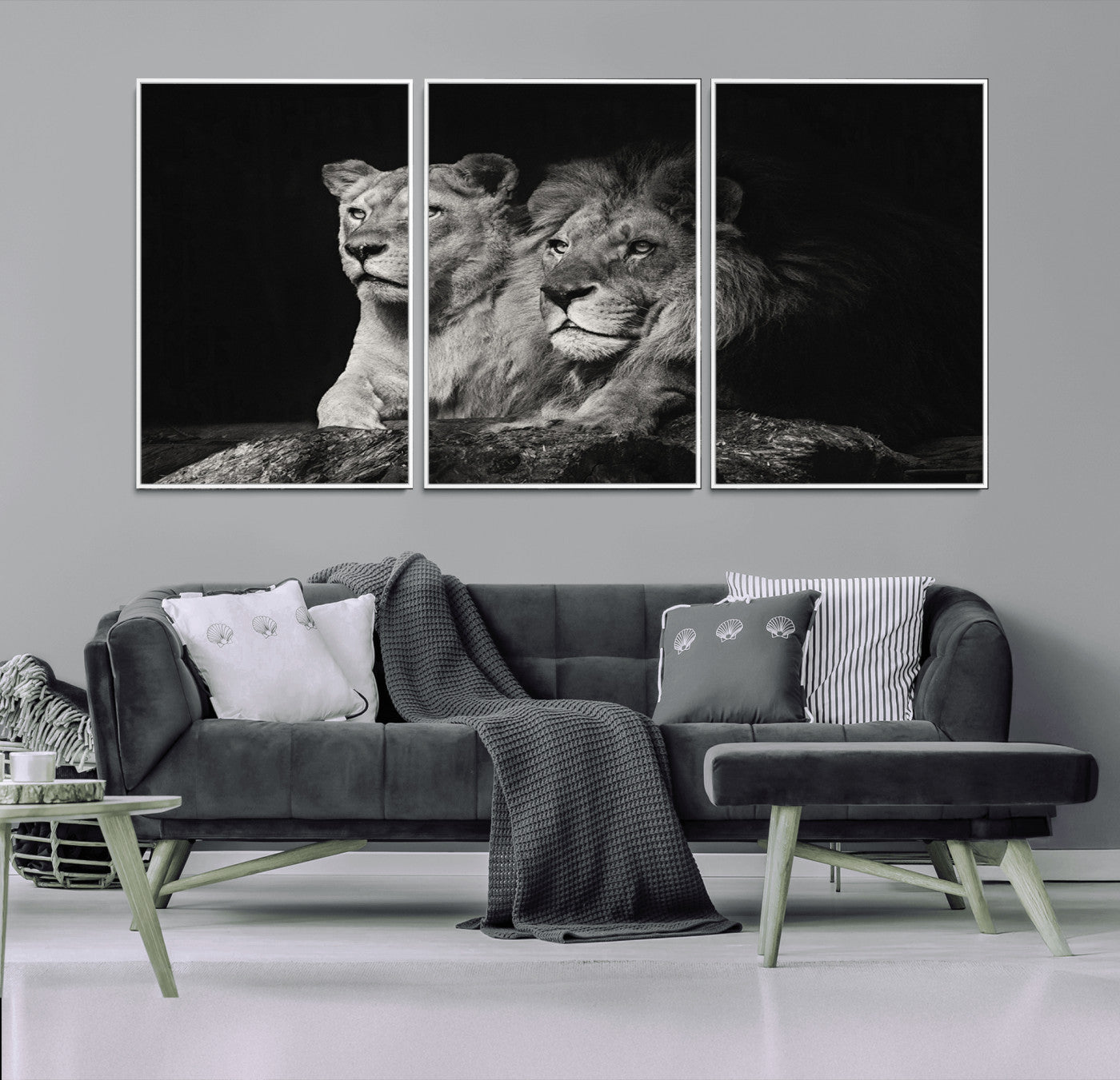80013-MGV-FC-60X30-3P_White-Lion and Lioness Wall Art – Black and White Wildlife Photography Canvas Print, African Safari Animal Decor for Office, Bedroom