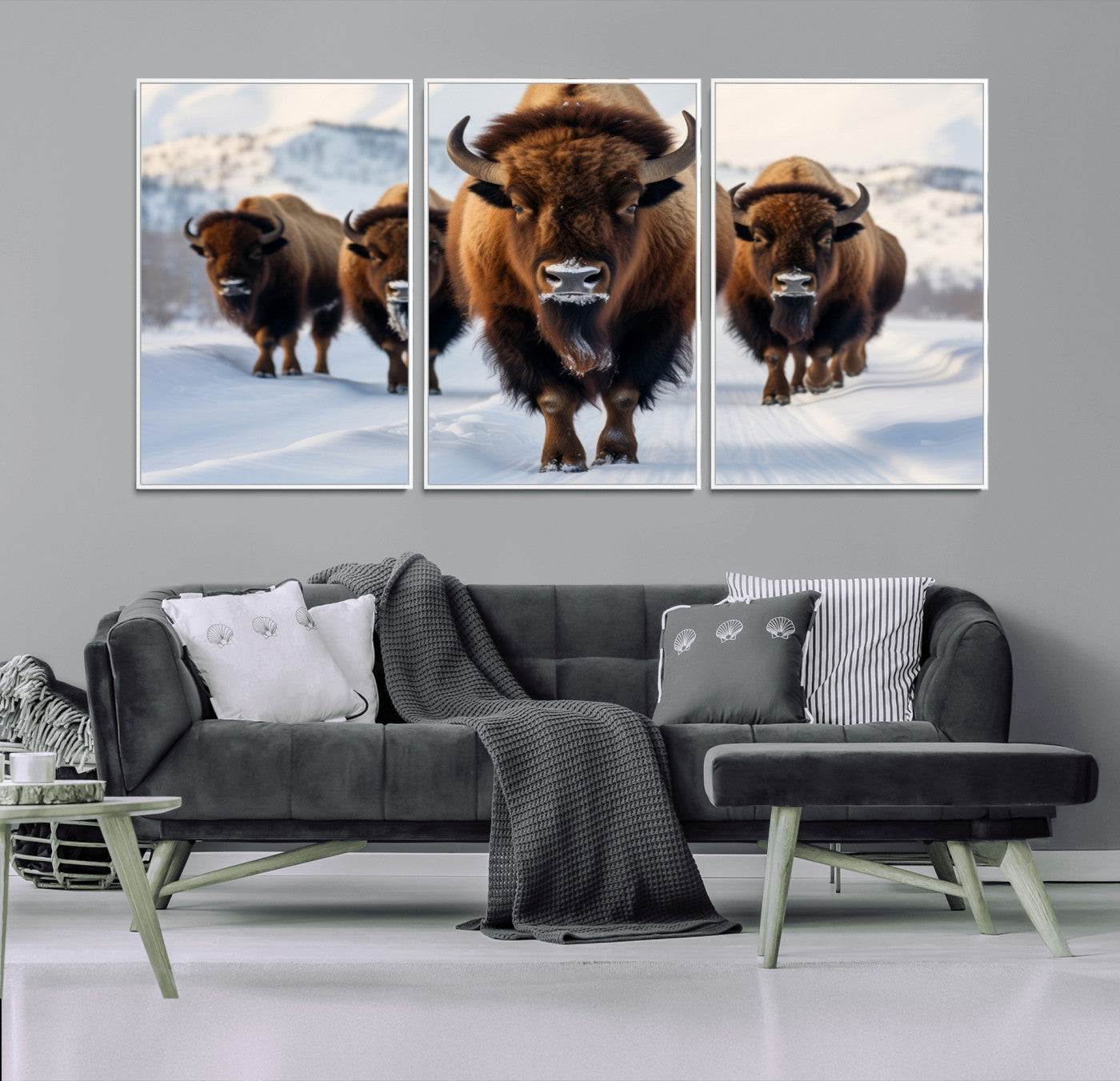 56701-MGV-CV-36X24-Bison Herd Wall Art – Buffalo Walking in Snowy Mountains Canvas Print, Rustic Wildlife Decor for Cabin, Lodge, or Living Room