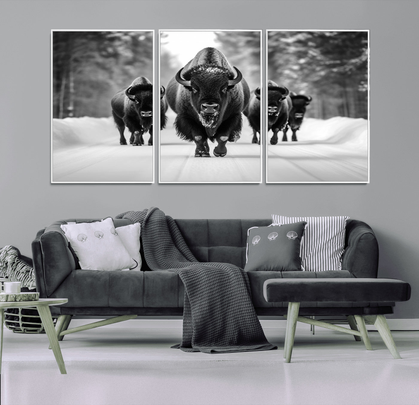 45287-MGV-CV-36X24-Bison Herd Wall Art – Black and White Buffalo Snow Road Canvas Print, Rustic Wildlife Decor for Cabin, Lodge or Living Room