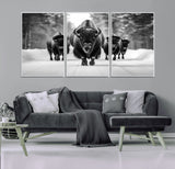 45287-MGV-CV-36X24-Bison Herd Wall Art – Black and White Buffalo Snow Road Canvas Print, Rustic Wildlife Decor for Cabin, Lodge or Living Room