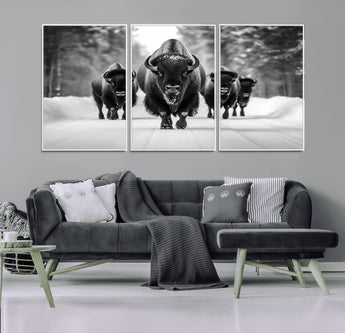 45287-MGV-CV-36X24-Bison Herd Wall Art – Black and White Buffalo Snow Road Canvas Print, Rustic Wildlife Decor for Cabin, Lodge or Living Room