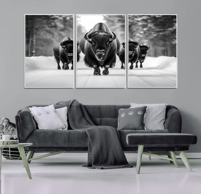 45287-MGV-CV-36X24-Bison Herd Wall Art – Black and White Buffalo Snow Road Canvas Print, Rustic Wildlife Decor for Cabin, Lodge or Living Room