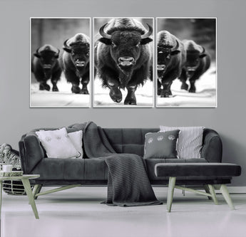 79872-MGV-CV-36X24-Bison Herd Wall Art – Black and White Buffalo on Snow Canvas Print, Rustic Wildlife Decor for Lodge, Cabin, or Living Room