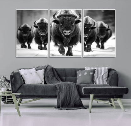 79872-MGV-CV-36X24-Bison Herd Wall Art – Black and White Buffalo on Snow Canvas Print, Rustic Wildlife Decor for Lodge, Cabin, or Living Room