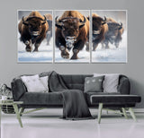 80512-MGV-FC-60X30-3P_White-Bison Herd Wall Art – Buffalo Running in Snow Canvas Print, Rustic Wildlife Photography Decor for Cabin, Lodge, or Living Room