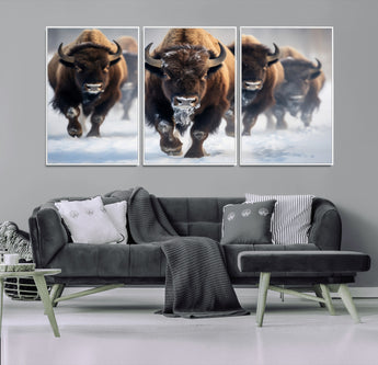 80512-MGV-FC-60X30-3P_White-Bison Herd Wall Art – Buffalo Running in Snow Canvas Print, Rustic Wildlife Photography Decor for Cabin, Lodge, or Living Room