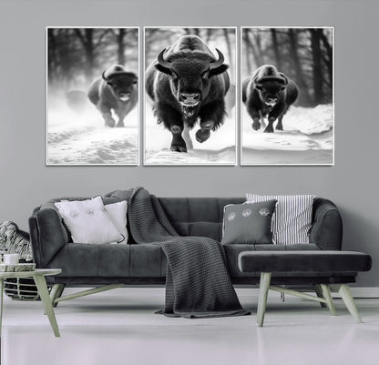 97552-MGV-CV-36X24-Black and White Bison Wall Art – Buffalo Herd Running in Snow Canvas Print, Rustic Wildlife Photography Decor for Cabin, Lodge, or
