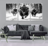 97552-MGV-FC-60X30-3P_White-Black and White Bison Wall Art – Buffalo Herd Running in Snow Canvas Print, Rustic Wildlife Photography Decor for Cabin, Lodge, or