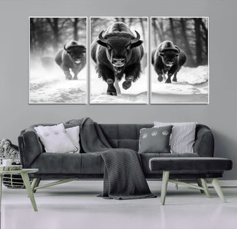 97552-MGV-FC-60X30-3P_White-Black and White Bison Wall Art – Buffalo Herd Running in Snow Canvas Print, Rustic Wildlife Photography Decor for Cabin, Lodge, or