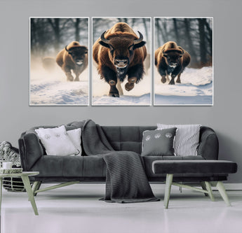 56549-MGV-FC-60X30-3P_White-Wild Bison Wall Art – Majestic Buffalo Herd Running in Snow Canvas Print, Rustic Wildlife Photography Decor for Cabin, Lodge, or