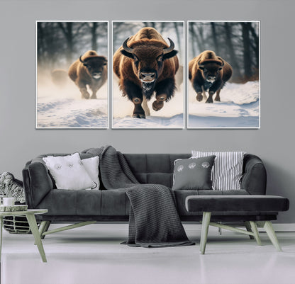 56549-MGV-FC-60X30-3P_White-Wild Bison Wall Art – Majestic Buffalo Herd Running in Snow Canvas Print, Rustic Wildlife Photography Decor for Cabin, Lodge, or