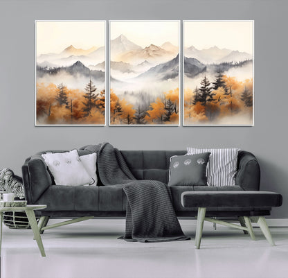 70049-MGV-CV-36X24-Autumn Mountain Forest Wall Art – Misty Landscape Canvas Print, Rustic Nature Inspired Decor for Living Room, Bedroom or Office