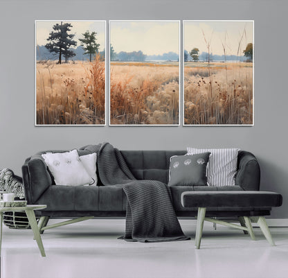 98822-MGV-FC-60X30-3P_White-Autumn Meadow Wall Art – Tranquil Grassland Landscape Canvas Print, Rustic Country Decor for Living Room, Bedroom or Farmhouse