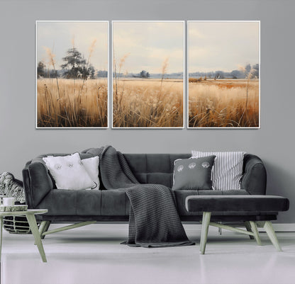 38193-MGV-FC-60X30-3P_White-Golden Meadow Wall Art – Serene Grassland Landscape Canvas Print, Rustic Nature Decor for Bedroom, Living Room or Farmhouse