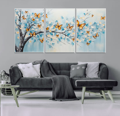 59455-MGV-CV-36X24-Butterfly Tree Branch Wall Art – Blue and Yellow Abstract Canvas Print, Modern Nature Artwork for Living Room, Bedroom or Office